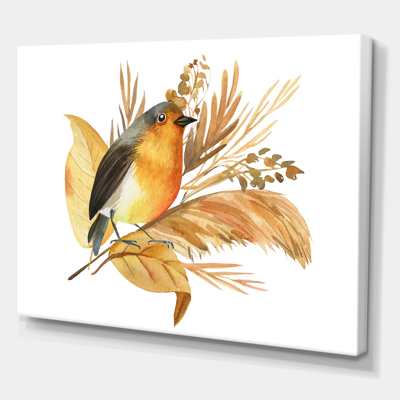 Designart - Robin Bird and Autumn Flowers - Traditional Canvas Wall Art Print